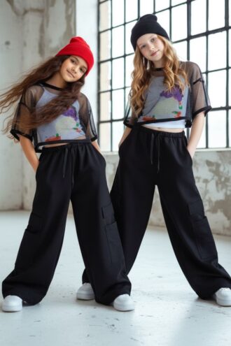 Komplet 3częściowy dziewczęcy Projektantka top+bluzka siatka+spodnie