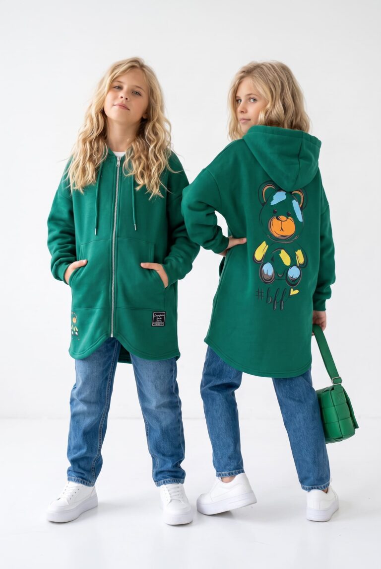 Długa bluza Best Friend Forever zielona dla dziewczynki, z kapturem i grafiką misia